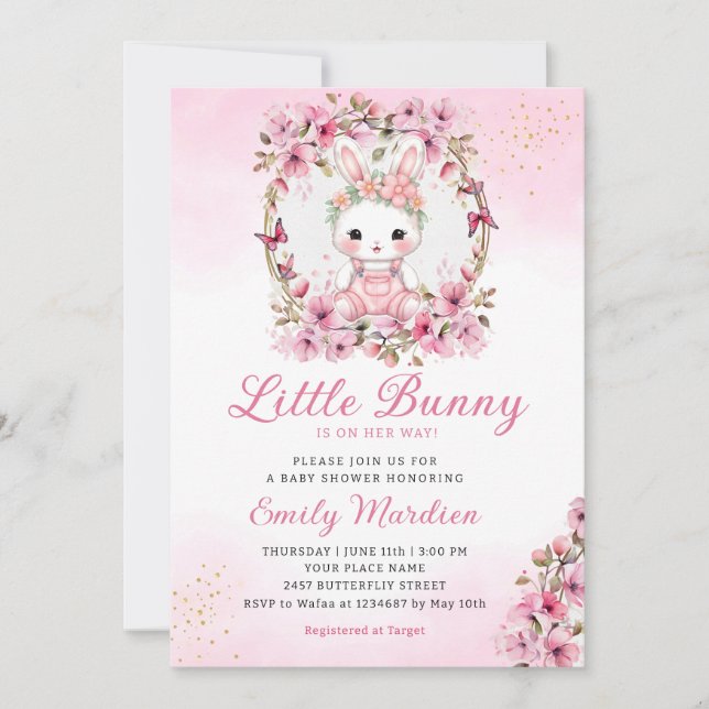 A little bunny cute floral pink baby shower girl  invitation (Front)