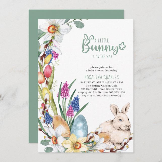 A Little Bunny Daffodils and Tulips Baby Shower Invitation (Front/Back)