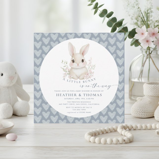 A Little Bunny Dusty Blue QR Code Baby Shower Invitation (Creator Uploaded)