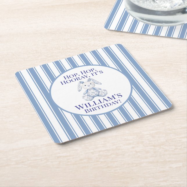 A Little Bunny is Turning One Square Paper Coaster (Angled)