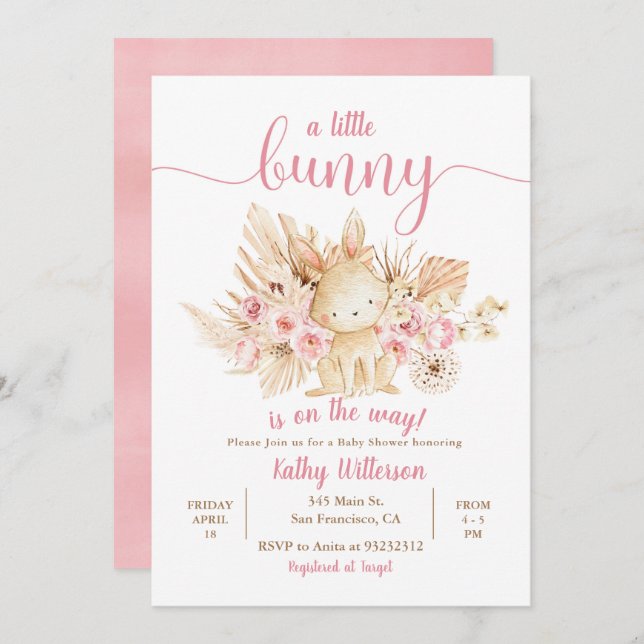 A little Bunny Pink Floral Baby Shower Invitation (Front/Back)