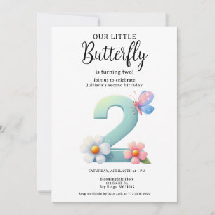 A Little Butterfly 2nd Birthday Cute Number Font  Invitation