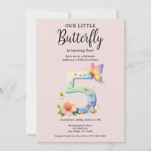A Little Butterfly 5th Birthday Cute Number Font  Invitation