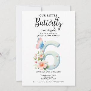 A Little Butterfly 6th Birthday Cute Number Font Invitation