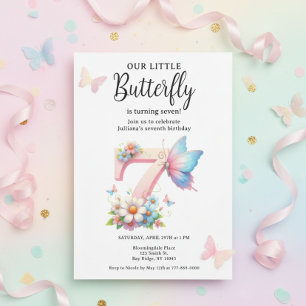 A Little Butterfly 7th Birthday Cute Number Font Invitation