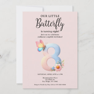 A Little Butterfly 8th Birthday Cute Number Font Invitation