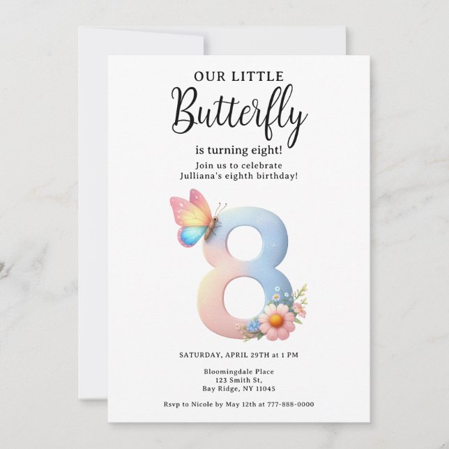 A Little Butterfly 8th Birthday Cute Number Font  Invitation (Front)