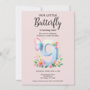 A Little Butterfly 9th Birthday Cute Number Font Invitation