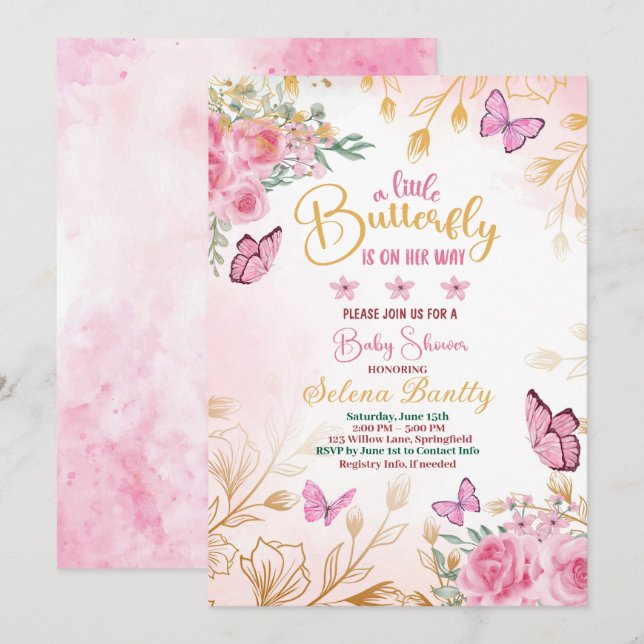 A little butterfly baby shower Girl Watercolor Invitation (Front/Back)