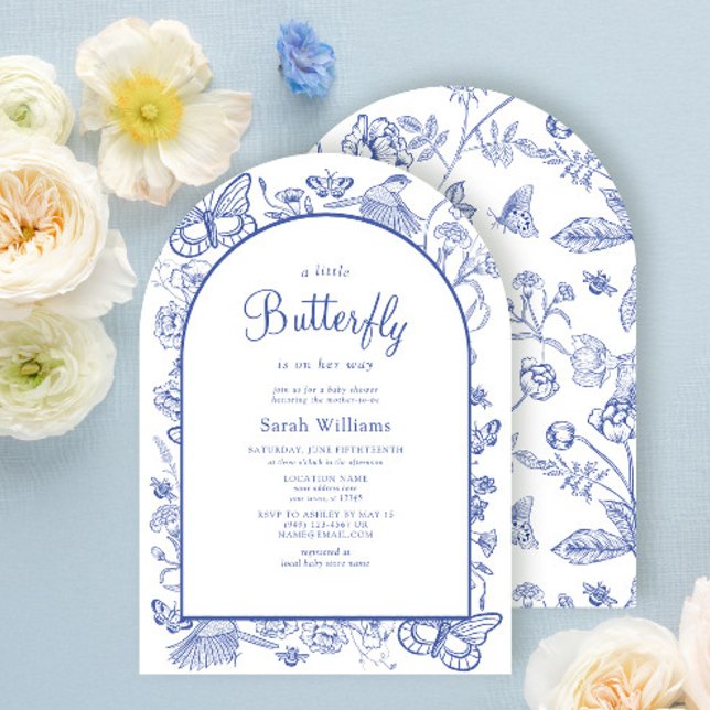 A Little Butterfly Blue & White Floral Baby Shower Invitation (Creator Uploaded)
