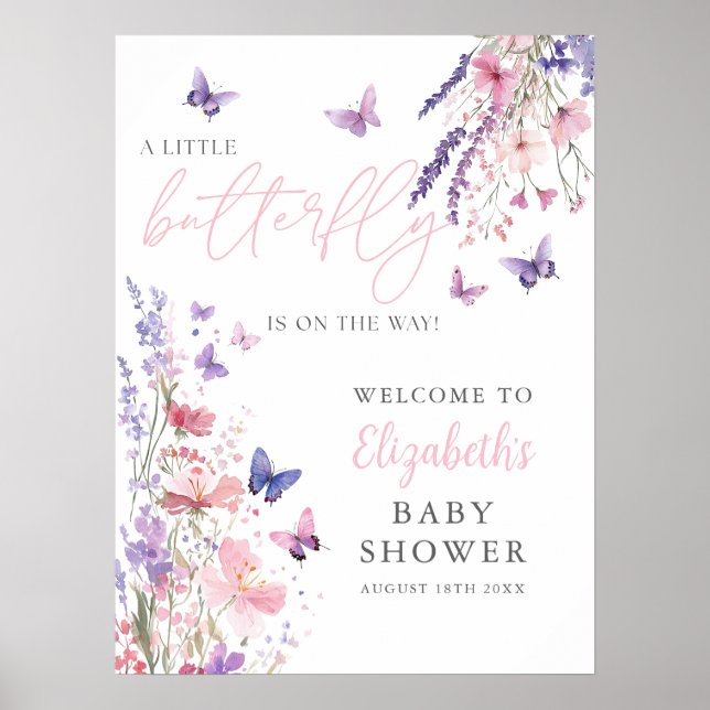 A Little Butterfly Floral Baby Shower Welcome Sign (Front)