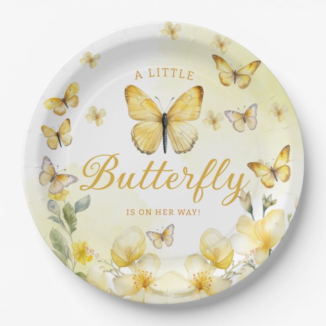 A little Butterfly floral gold girl Baby Shower  Paper Plate (Front)