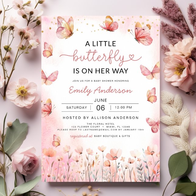 A Little Butterfly Floral Pink Girl Baby Shower Invitation (Creator Uploaded)