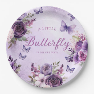 A little Butterfly Floral purple girl Baby Shower Paper Plate