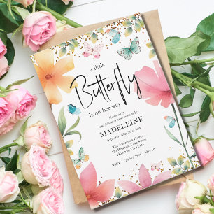 A Little Butterfly Glitter Floral Baby Shower Invitation