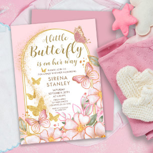 A Little Butterfly   Gold Glitter Pink Baby Shower Invitation
