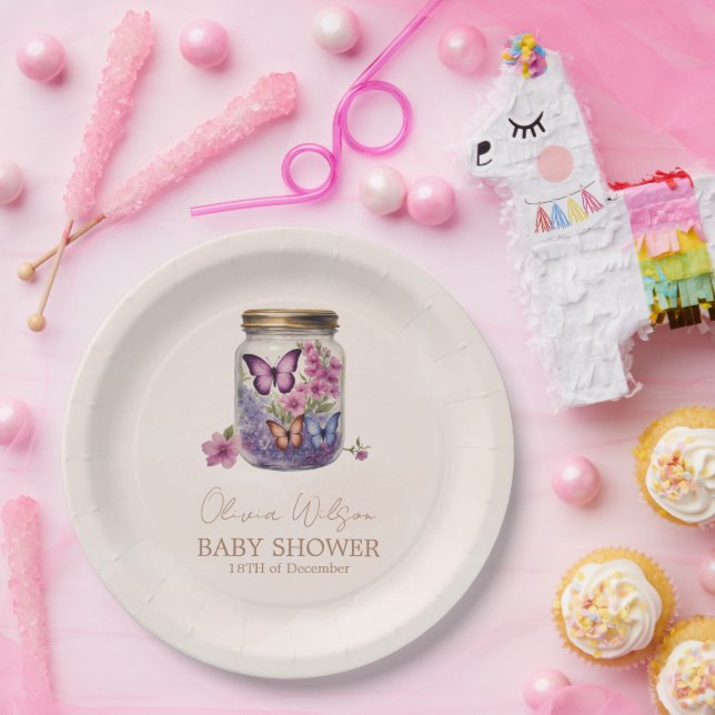 A little butterfly in a jar floral baby shower  paper plate (Party)