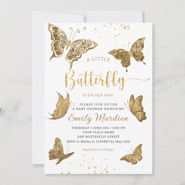 A little butterfly is on her way girl blush gold  invitation (Front)