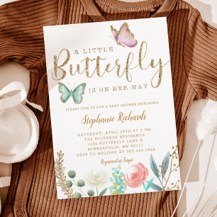 A Little Butterfly Is On Her Way Gold Baby Shower Invitation