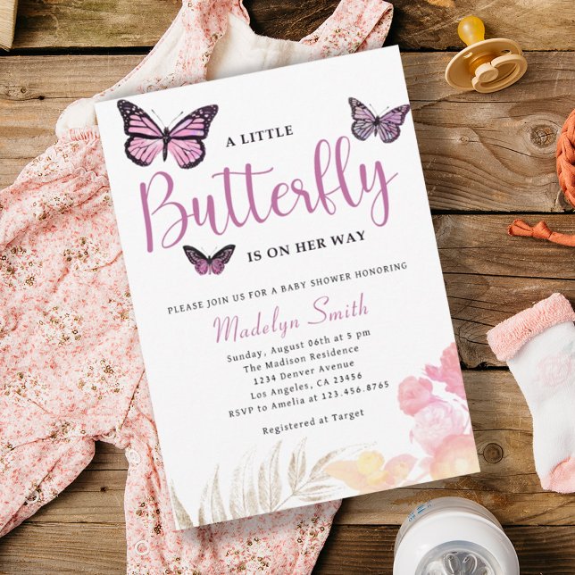 A Little Butterfly Is On Her Way Pink Baby Shower Invitation (Creator Uploaded)