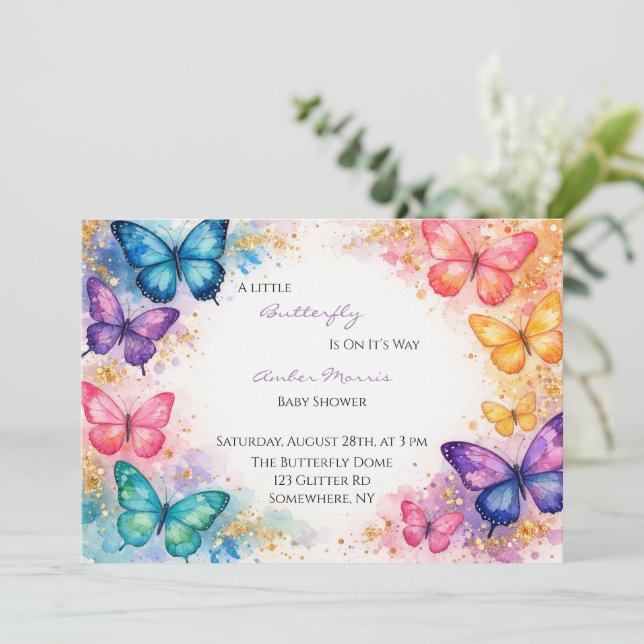 A Little Butterfly Is On It’s Way Girl Baby Shower Invitation (Standing Front)
