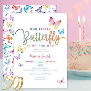 A Little Butterfly Is On The Way Gold Glitter Baby Invitation