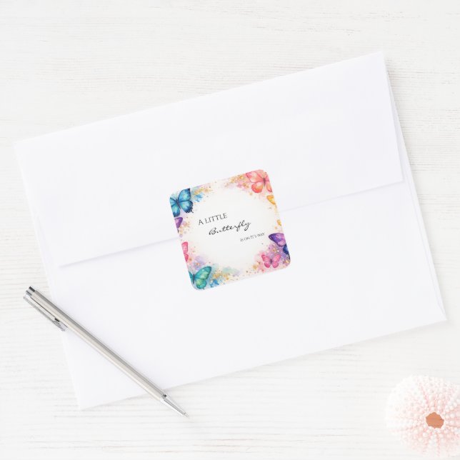 A Little Butterfly On It’s away Baby Shower Square Sticker (Envelope)