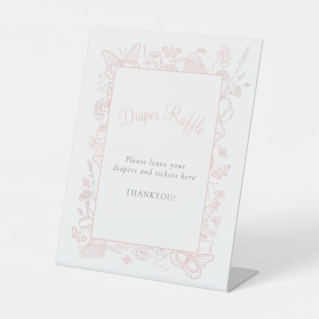 A Little Butterfly Pink Baby Shower Diaper Raffle Pedestal Sign (Front)