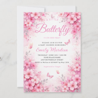 A little Butterfly Pink Floral Girl Baby Shower Invitation