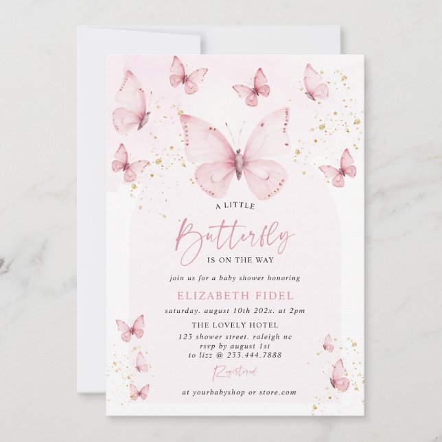 A Little Butterfly Pink Gold Baby Shower Invitation (Front)