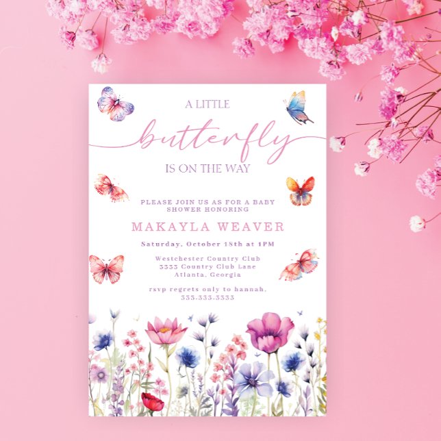 a little Butterfly Purple cute flowers Baby Shower Invitation (Creator Uploaded)