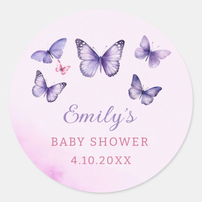 A Little Butterfly purple Girl Baby Shower  Classic Round Sticker (Front)