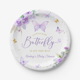 A Little Butterfly Purple Gold Floral Baby Shower Paper Plate