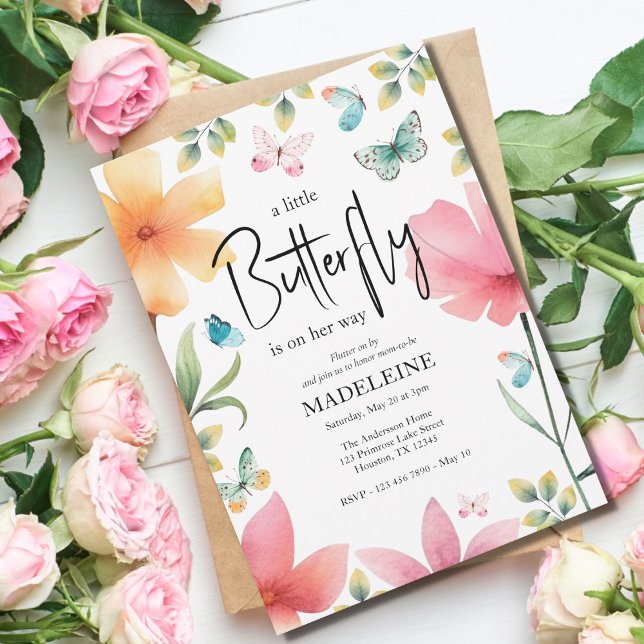 A Little Butterfly Whimsical Floral Baby Shower Invitation (Creator Uploaded)
