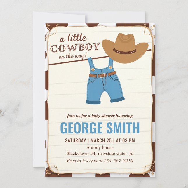 A Little Cowboy Baby Shower Party Invitation (Front)