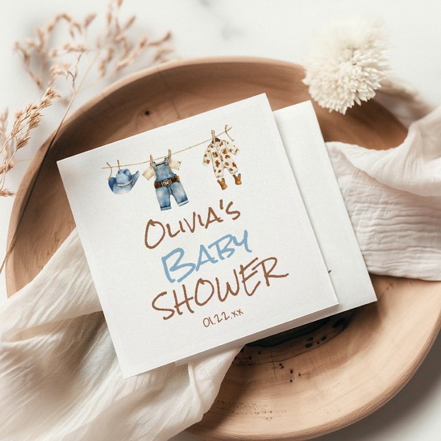 A little Cowboy Blue Brown Clothesline Baby Shower Napkin (Creator Uploaded)