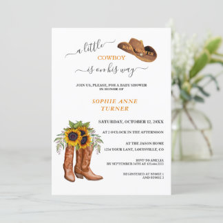 A Little Cowboy Boots Boy Calligraphy Baby Shower Invitation