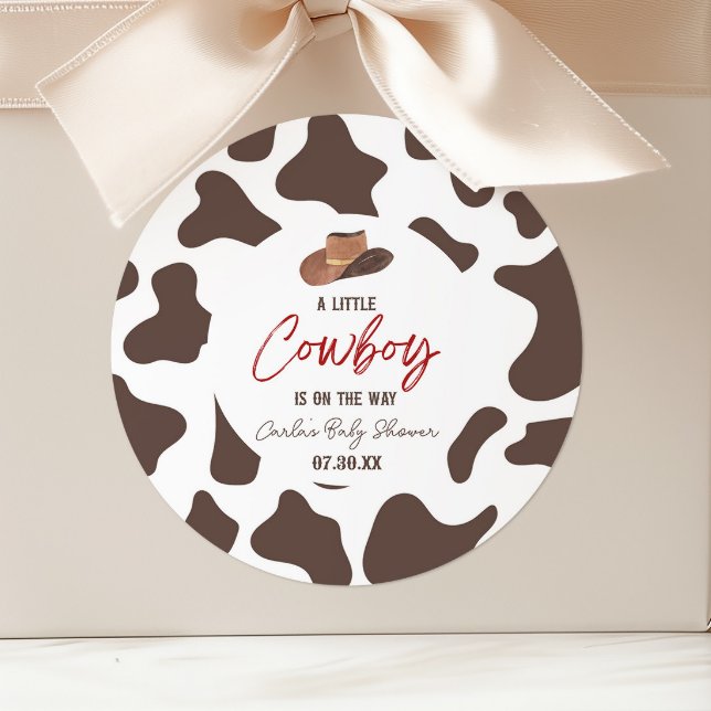 A Little Cowboy Cow Boy Rodeo Western Baby Shower Classic Round Sticker (Creator Uploaded)