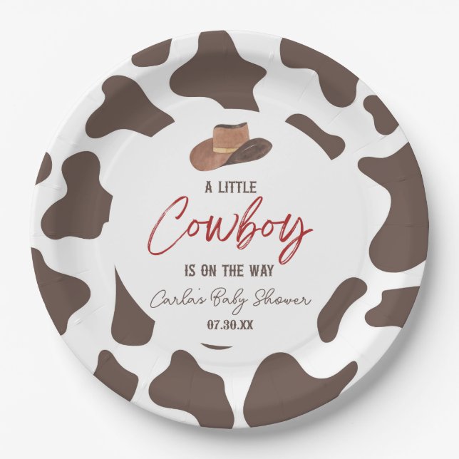 A Little Cowboy Cow Boy Rodeo Western Baby Shower Paper Plate (Front)