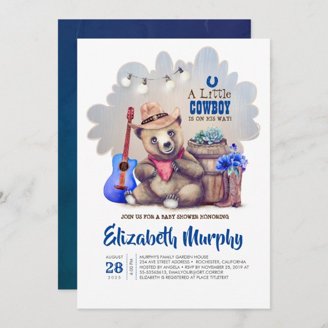 A Little Cowboy Is On His Way Bear Baby Shower Invitation (Front/Back)