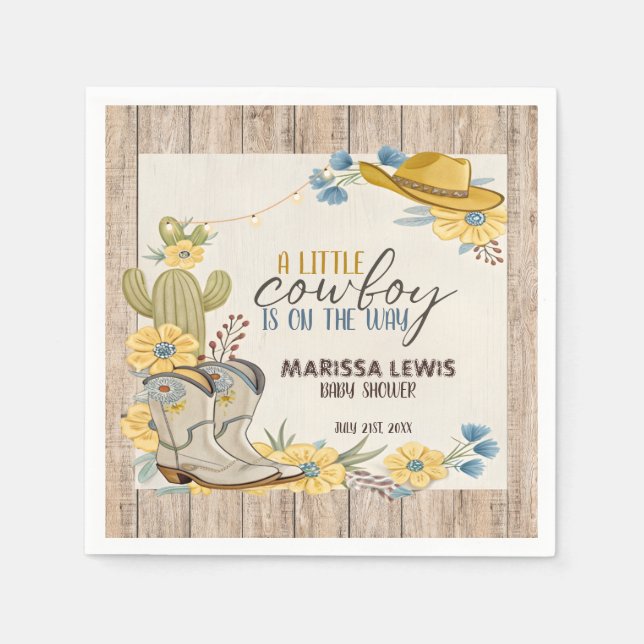 A Little Cowboy Is On His Way Bleu Yellow Western  Napkin (Front)