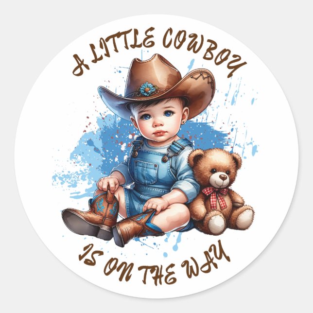 A Little Cowboy is on the Way | Baby Shower Classic Round Sticker (Front)