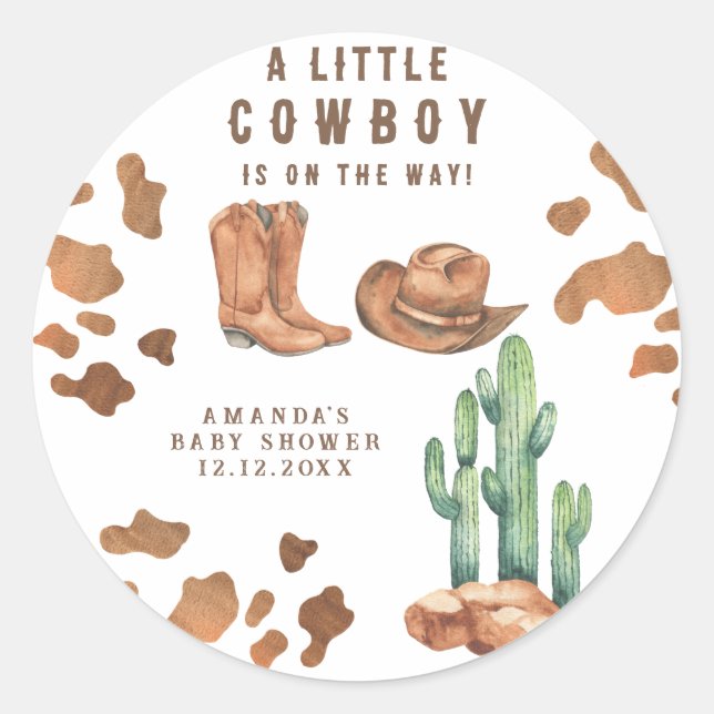 A Little Cowboy is on the way Baby Shower  Classic Round Sticker (Front)