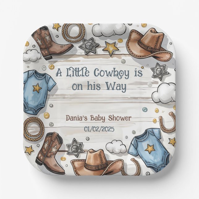 A Little Cowboy Is on the Way Baby Shower  Paper P Plate (Front)