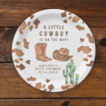 A Little Cowboy is on the way Baby Shower  Paper Plate<br><div class="desc">Saddle up! This watercolor cowboy design. This design features modern neutral colours in a watercolor application. Design in cow print,  cowboy hat,  desert cactus,  cowboy boots. "A little cowboy is on the way"</div>