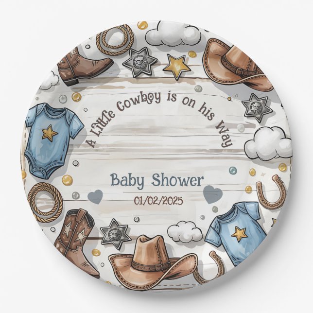 A Little Cowboy Is on the Way Baby Shower  Paper Plate (Front)