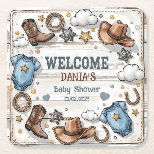 A Little Cowboy Is on the Way Baby Shower Western Square Paper Coaster
