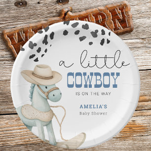 A Little Cowboy Is On The Way Boy Baby Shower Paper Plate