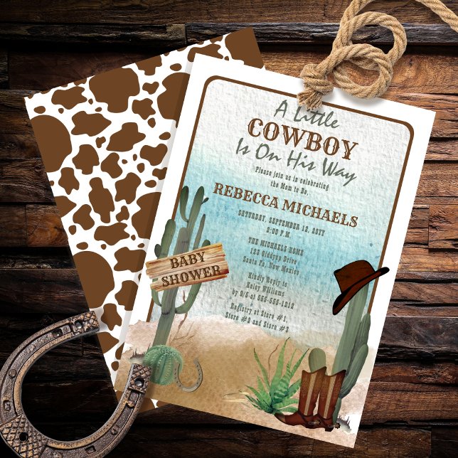 A Little Cowboy Western Boy Baby Shower Invitation (Rustic Western "A Little Cowboy Is On His Way" Boy Baby Shower Invitation)