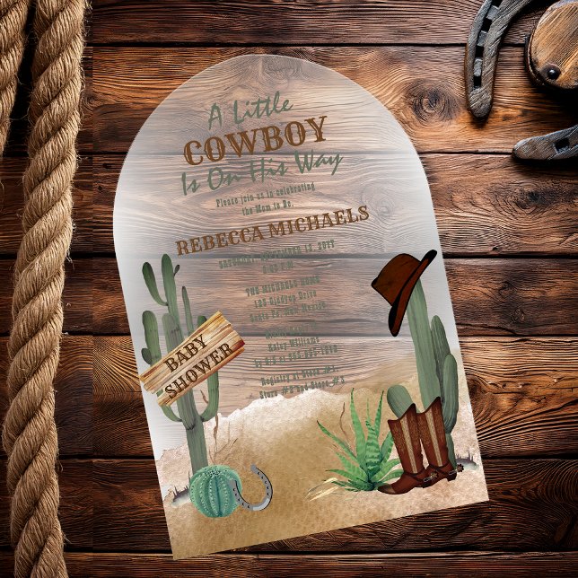 A Little Cowboy Western Boy Baby Shower Invitation ("A Little Cowboy" Western Boy Baby Shower Arched Acrylic Invitation)